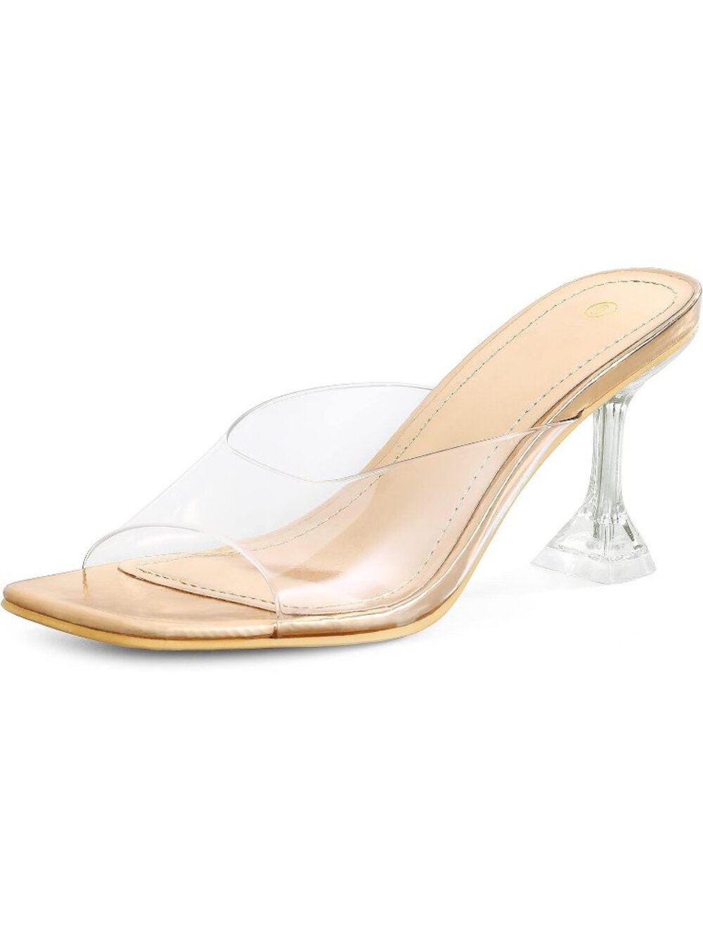 Women's Rose Gold Square Open Toe Transparent Stiletto Mules Clear Heeled Sandal